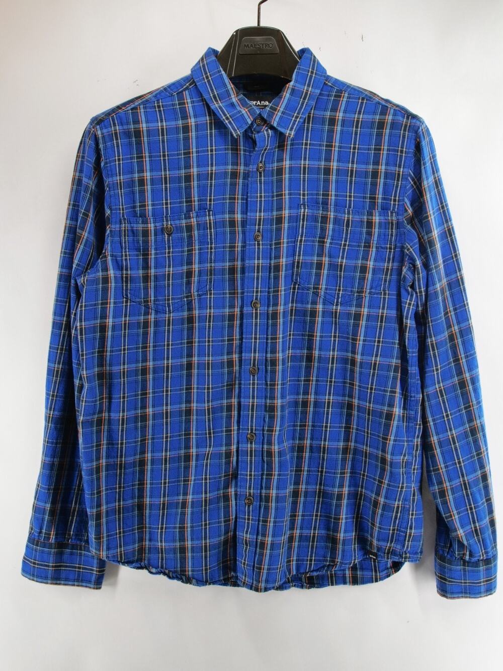 Prana Dolberg Flannel Shirt Mens Medium Blue Plaid Organic Cotton Slim Fit Work